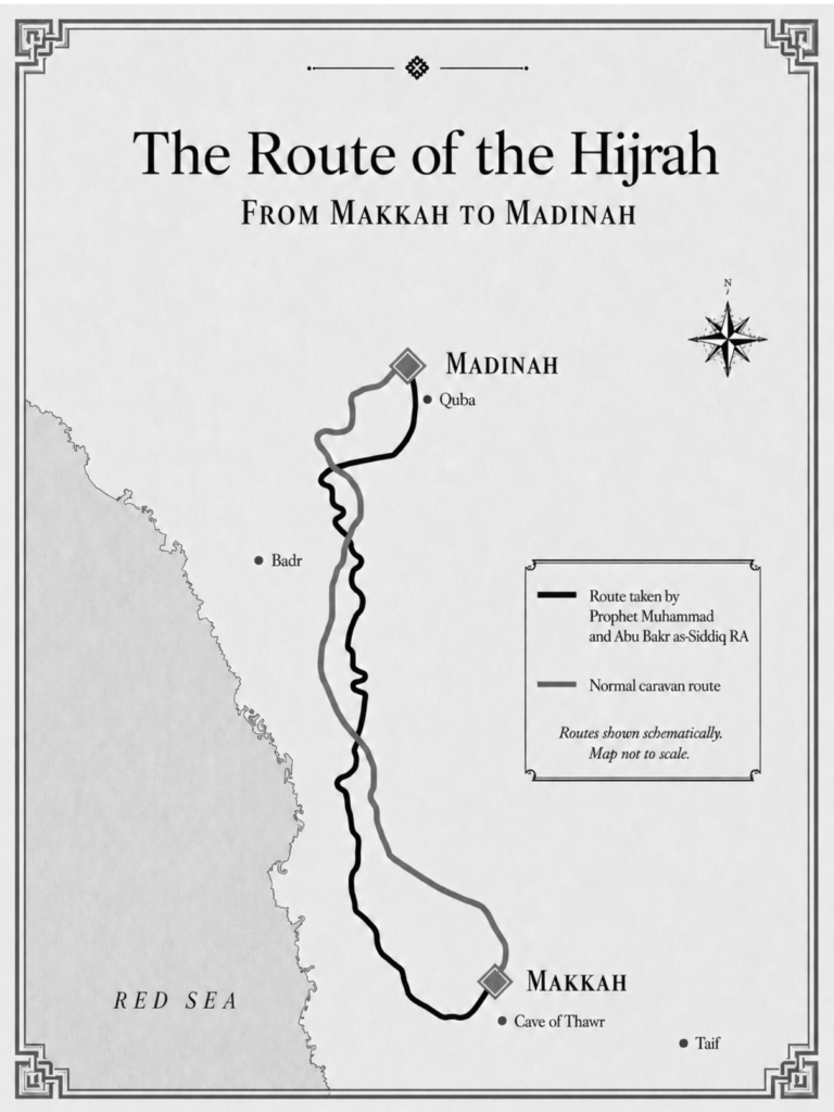 The Hijrah route in comparison to the regular caravan route at the time of Prophet Muhammad ﷺ