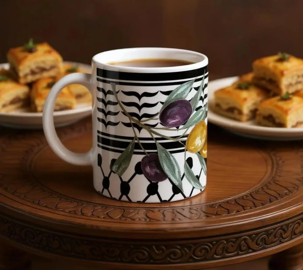 Palestine keffiyeh olive branch mug, ceramic 11oz cup